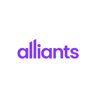 Alliants-Logo mit schwarzem kreisförmigen Hintergrund und lila Kleinbuchstaben als Text.