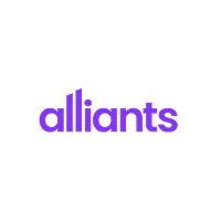 Alliants-Logo mit schwarzem kreisförmigen Hintergrund und lila Kleinbuchstaben als Text.
