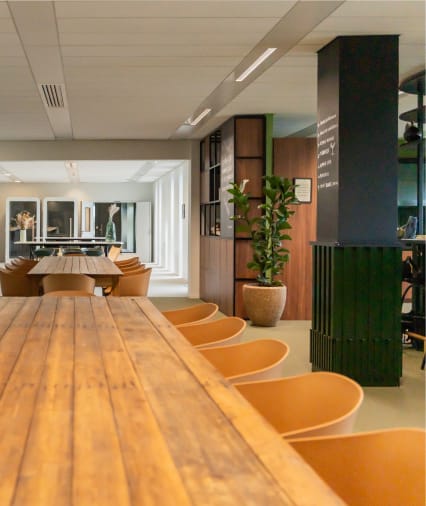 Long wooden table with orange chairs in a modern, minimalist lounge area featuring a tall potted plant and black and wood accents.